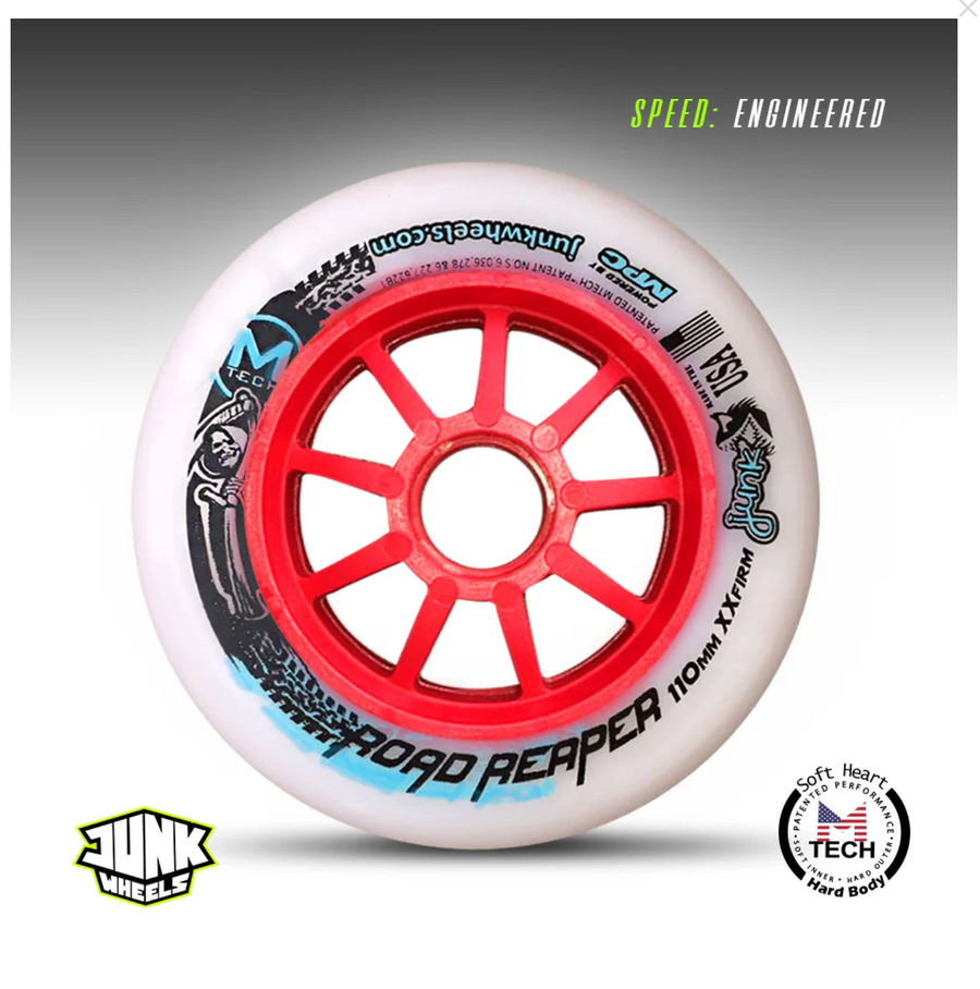 JUNK Road Reaper 110 XXFirm inline speed wheels, used to illustrate a guide to banked track versus flat track racing setup