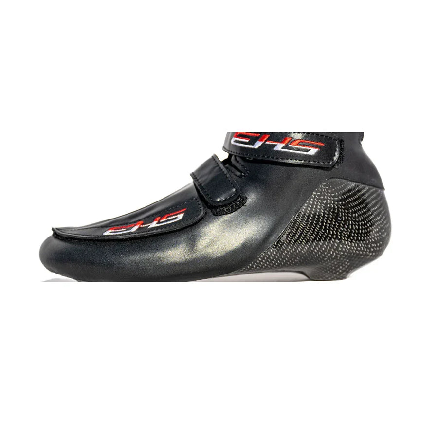 EHS short track speed skating boots laced for a locked heel and better control