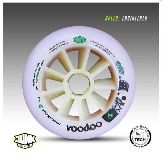 JUNK Voodoo XFirm inline speed wheels, the subject of a guide to breaking in new race wheels