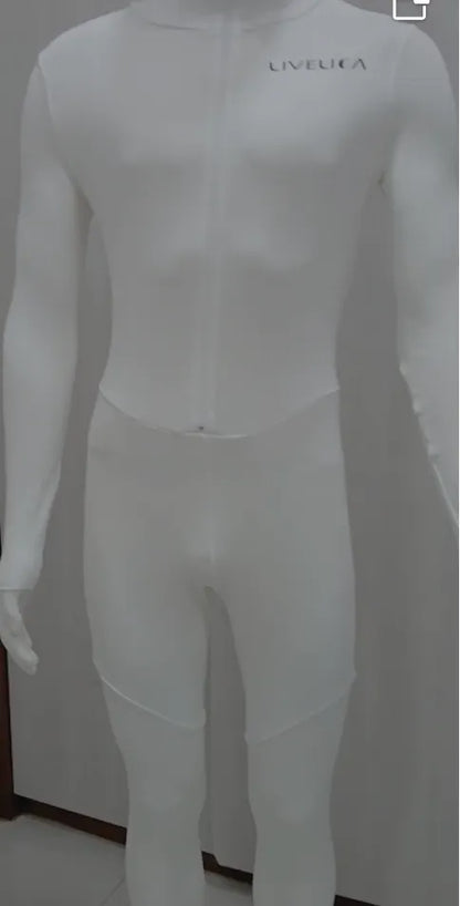 LiveLica Level 3 cut resistant short track speed skating suit in white, front view